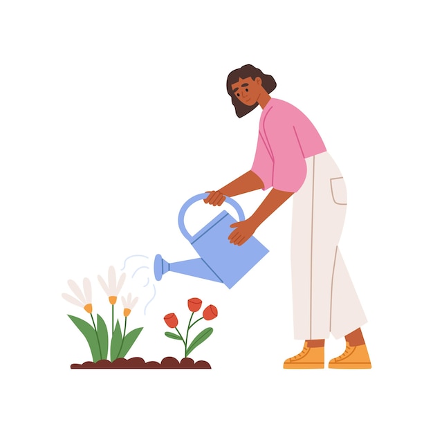 Vector mujer regando flores