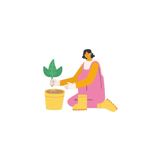 Vector una mujer regando una planta con una olla de sandía