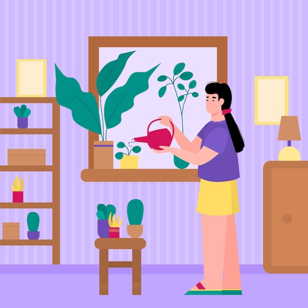 Mujer regando las plantas caseras como su hobby