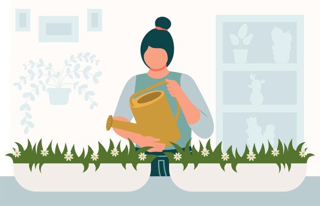 Mujer regando plantas caseras con regadera Primavera Vector Ilustración en estilo plano