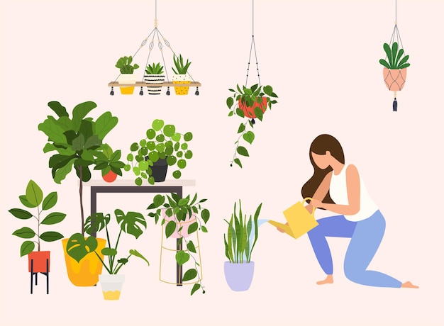 Mujer regando plantas de interior vector ilustración de dibujos animados planos