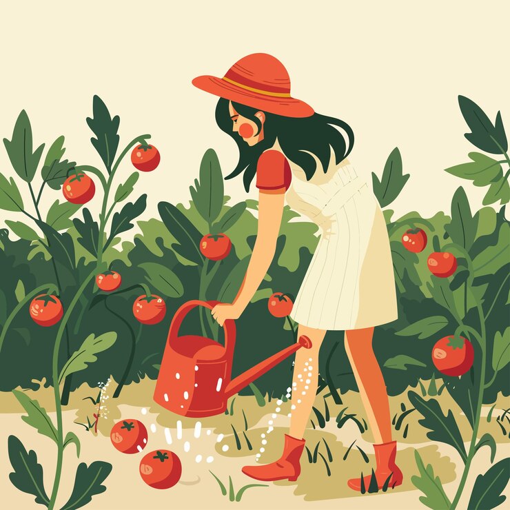 Vector mujer regando tomate chica con sombrero creciendo