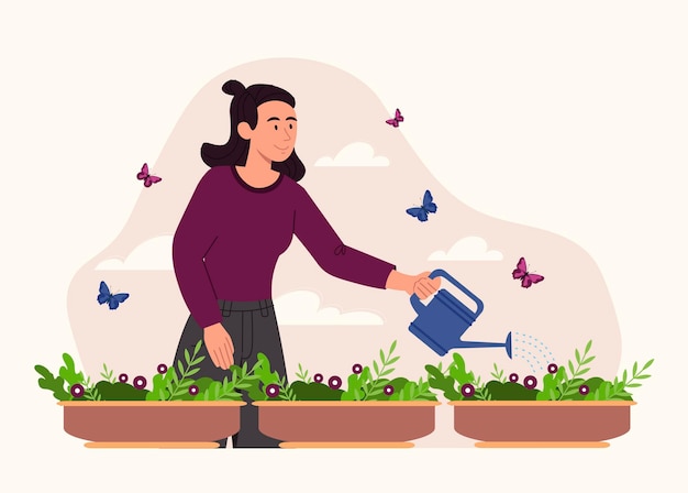 mujer, regar planta