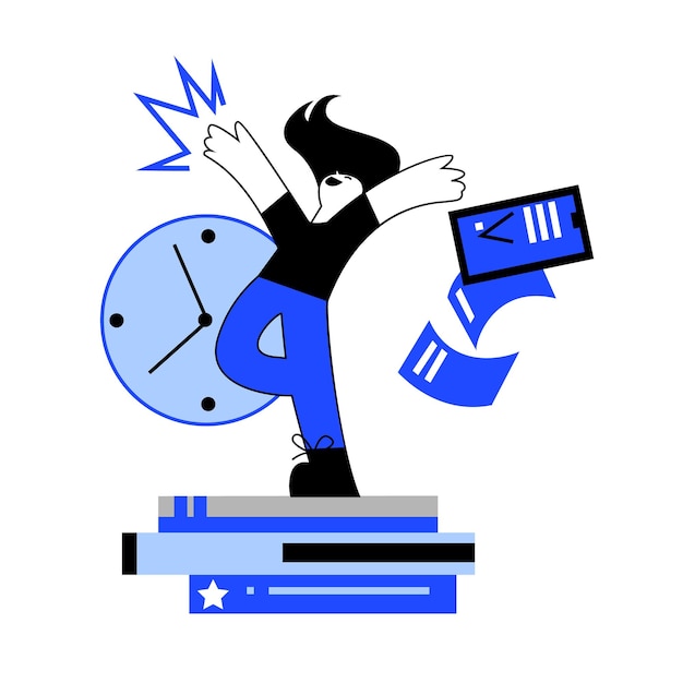 La mujer se regocija por la finalización exitosa de todas las tareas. Buen proceso de negocios. Señora haciendo diferentes tareas en el trabajo. Eficiencia en la gestión del tiempo. Ilustración vectorial plana en colores azules.