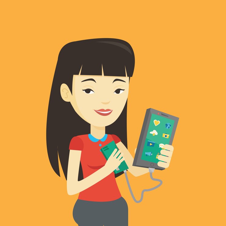 Vector mujer reharging smartphone de batería portátil.