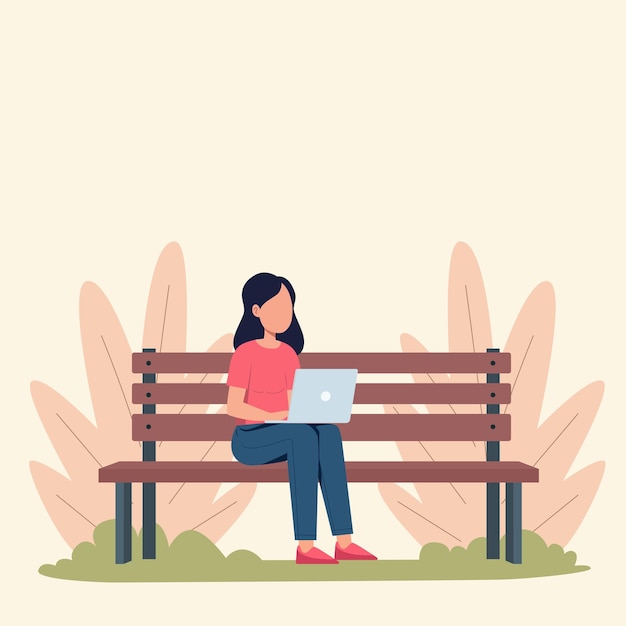 Una mujer se relaja con una computadora portátil en un banco del parque con un fondo de color tranquilo de la naturaleza