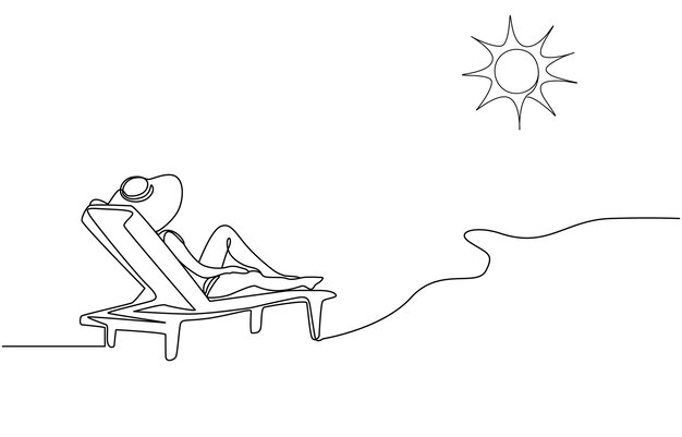 Mujer relajándose en una silla de playa en un estilo de dibujo de arte de línea continua Tiempo de bienestar y relajación