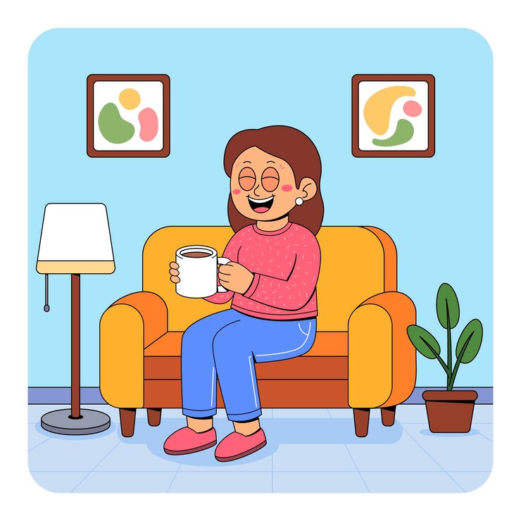 Vector mujer relajándose en un sofá con café