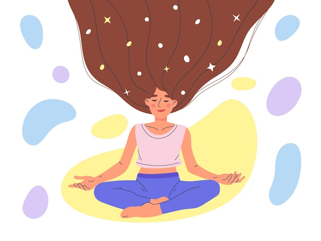 Mujer relajante meditando en pose de loto de yoga ilustración de símbolos de vector de carácter femenino pacífico