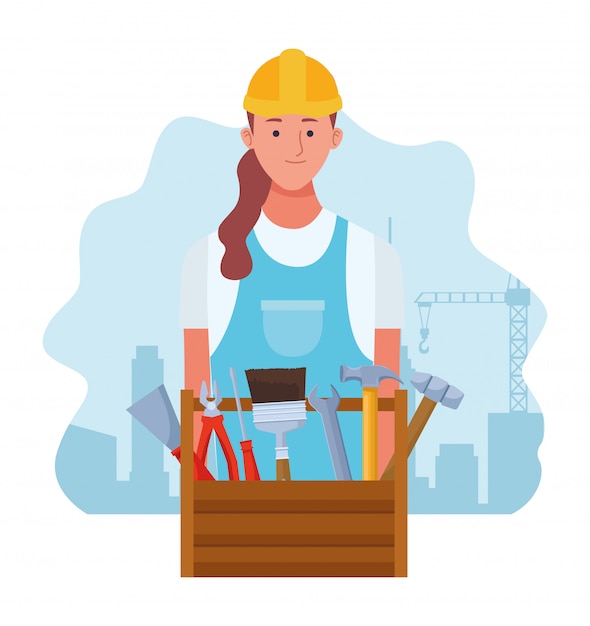 Mujer de reparación de dibujos animados y caja de herramientas de reparación