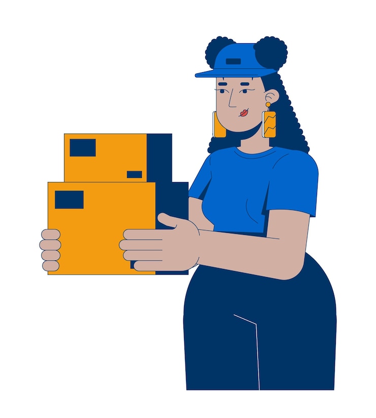 Vector mujer repartidora con paquetes personaje de dibujos animados en 2d