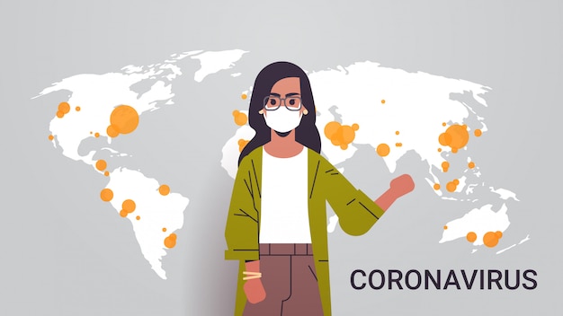 Vector mujer reportera de televisión en máscara facial mostrando brote de mapa mundial de epidemia de infección por propagación de pandemia de coronavirus países mers-cov con retrato horizontal covid-19