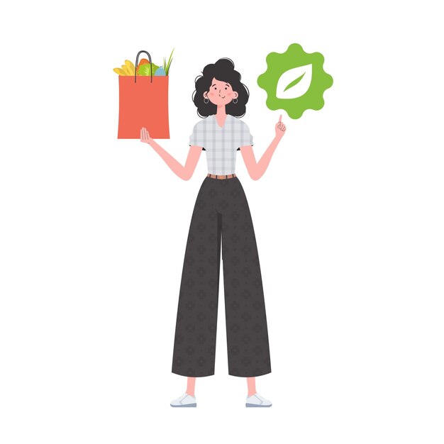 Vector la mujer está representada en pleno crecimiento y sostiene una bolsa de comida saludable en sus manos y muestra el icono eko aislado en fondo blanco estilo plano de moda vector