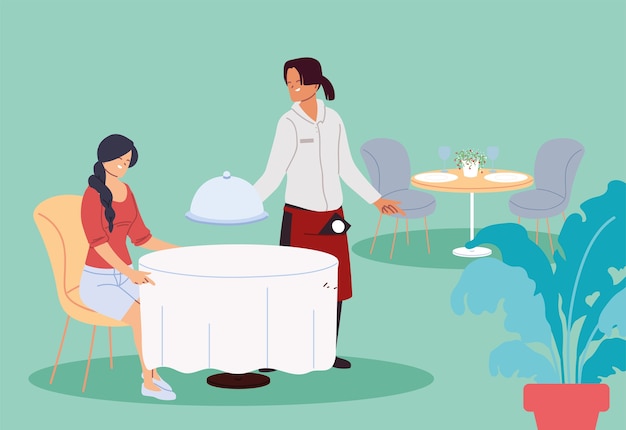 Mujer en restaurante y camarero en uniforme tomando el diseño de ilustración de pedido