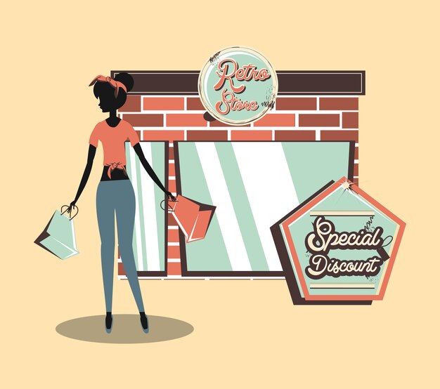 mujer retro de la tienda de compras con la ilustración del vector del bolso
