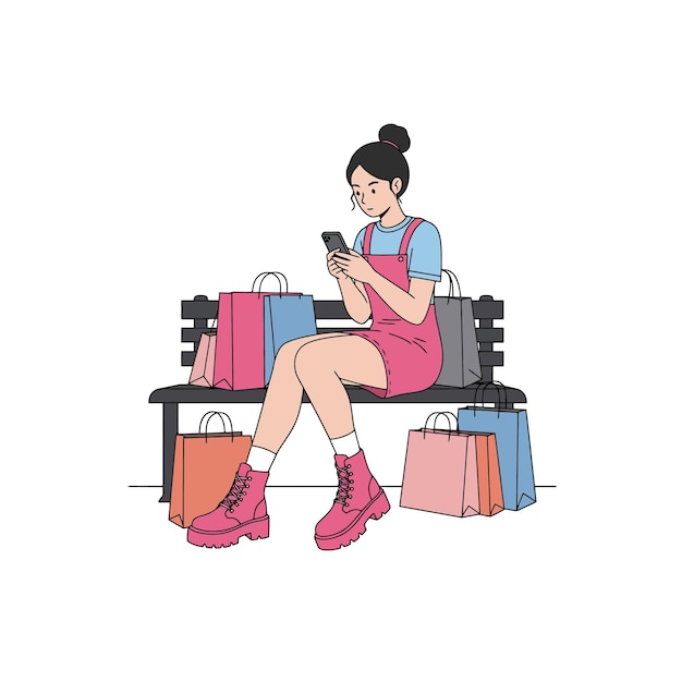 Mujer revisando el teléfono rodeada de bolsas de compras mientras descansa en un banco