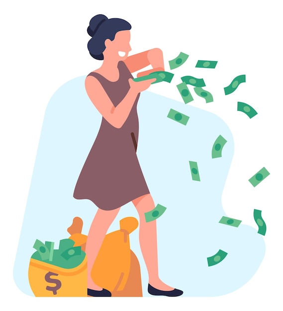 Vector mujer rica tirando dólares. persona con bolsas de dinero