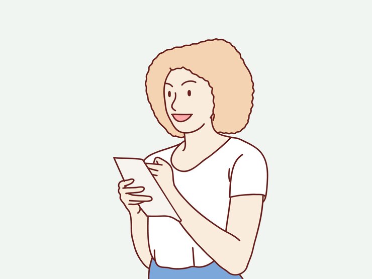 Vector mujer rizada tomando notas en el cuaderno de pie ilustración de estilo coreano simple