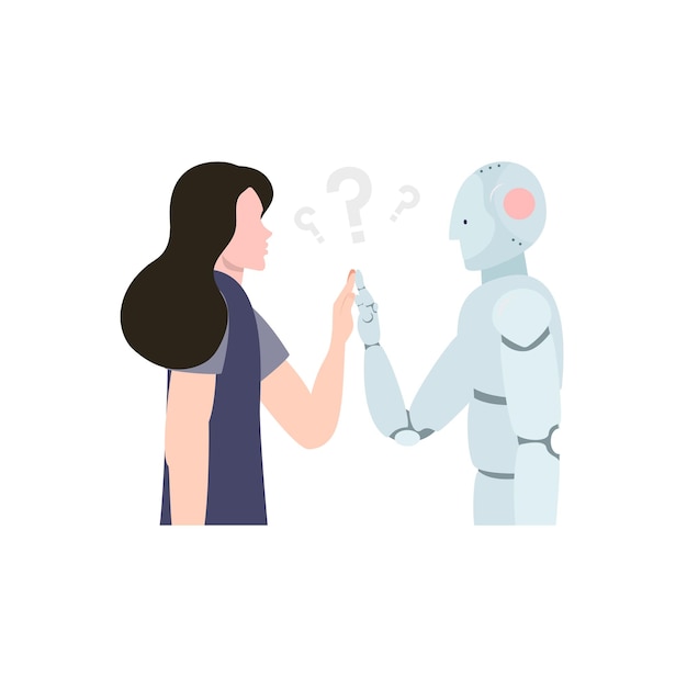 Una mujer y un robot hablan entre ellos.