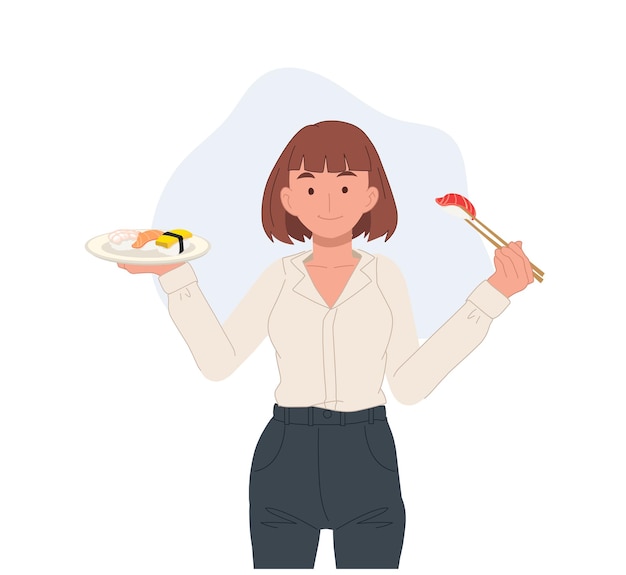 Vector mujer con rollos de sushi ilustración de vector de comida japonesa