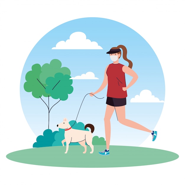 Vector mujer en ropa deportiva con máscara médica, con perro al aire libre, prevención covirus coronavirus 19