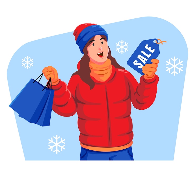 Vector mujer con ropa de invierno con bolsas de compras y etiqueta de venta