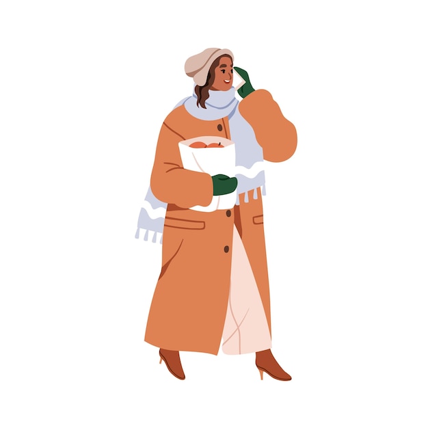 Mujer con ropa de invierno hablando por teléfono en movimiento Niña con ropa cálida abrigo sombrero bufanda caminando llevando bolsa de compras en clima frío Ilustración gráfica vectorial plana aislada sobre fondo blanco