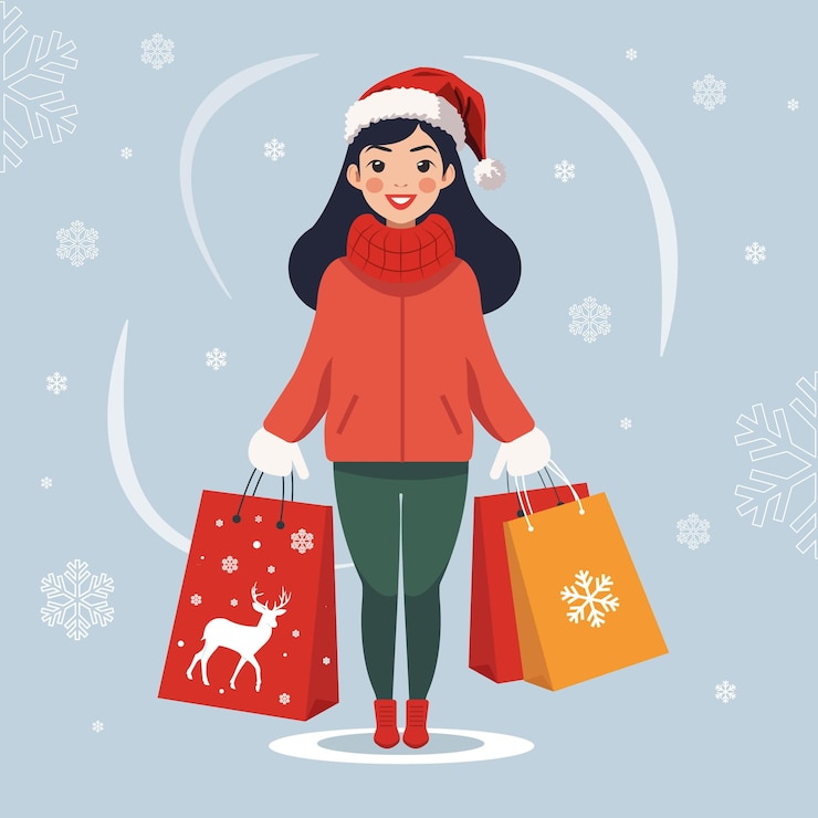 Vector una mujer con ropa de invierno y un sombrero de navidad sostiene paquetes en sus manos