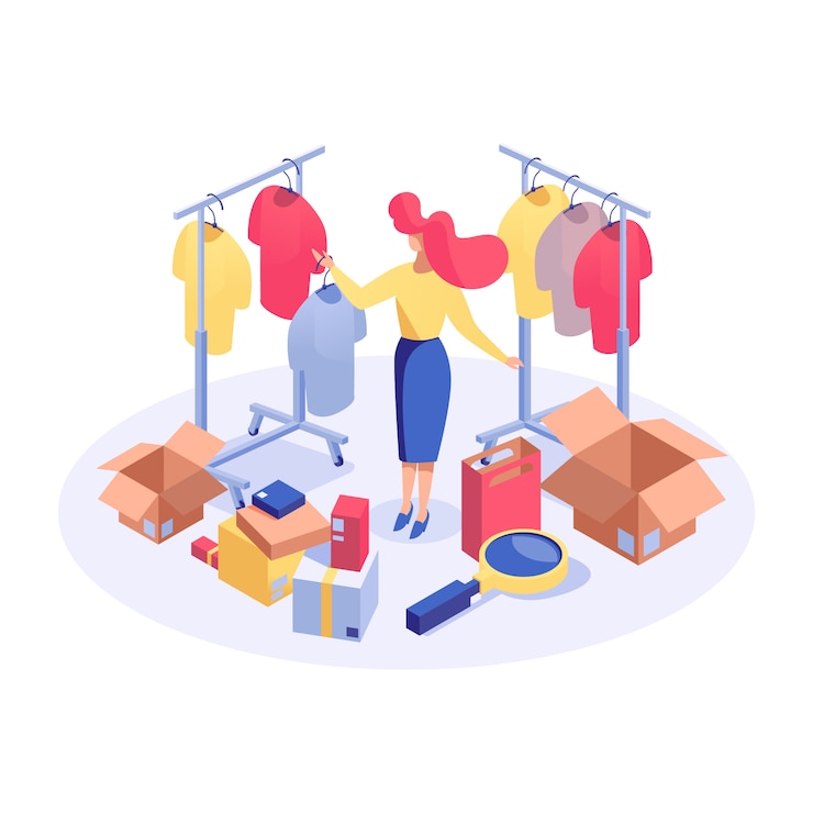 Vector mujer en ropa isométrica boutique