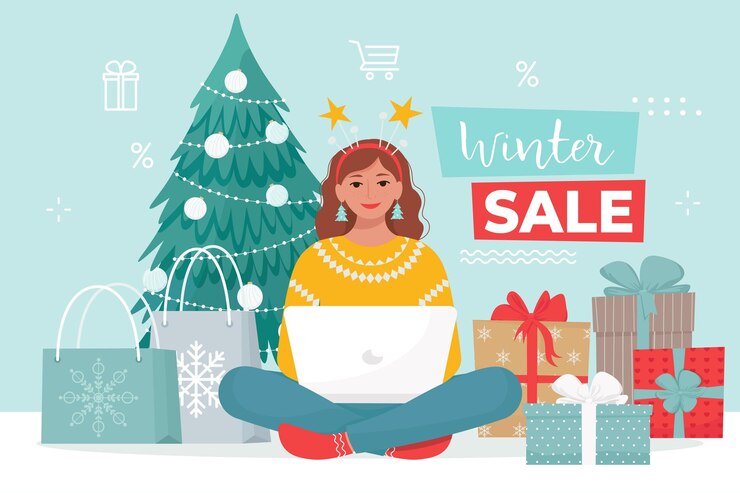Vector mujer en ropa de navidad compra productos en la tienda en línea desde casa ilustración vectorial en estilo plano
