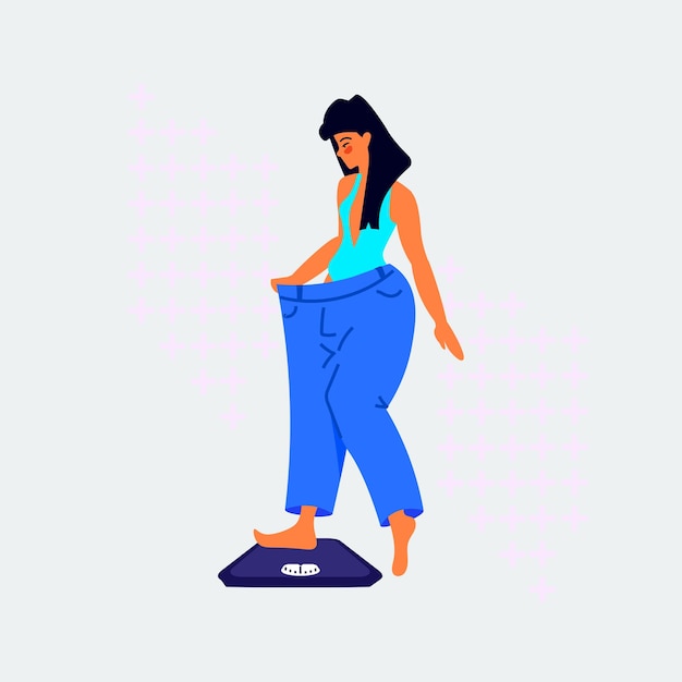 Vector mujer con ropa suelta después de la pérdida de peso concepto de estilo de vida saludable ilustración vectorial de longitud completa