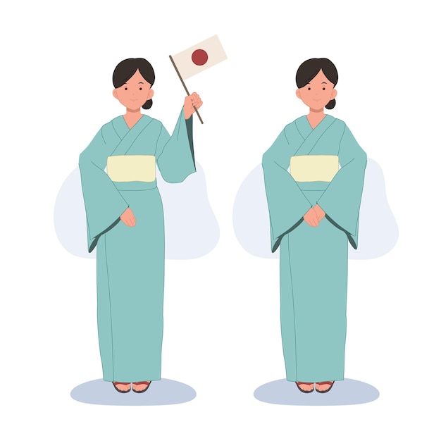 Mujer con ropa tradicional japonesa de verano yukata mujer japonesa sosteniendo la bandera de japón ilustración vectorial