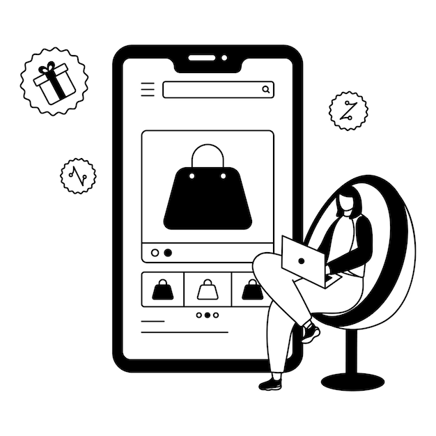 Vector mujer sin rostro estilo doodle usando una computadora portátil en un sillón y una aplicación de compras en línea en un teléfono inteligente con fondo blanco