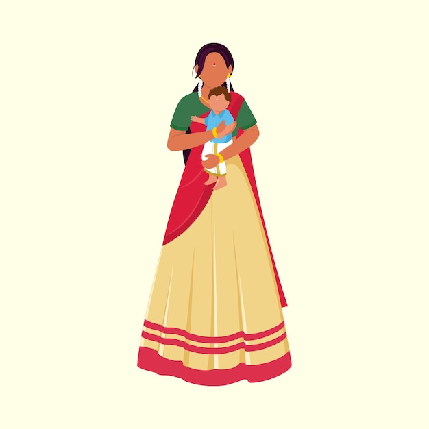 Mujer sin rostro del sur de la India lamiendo a su hijo en pose de pie sobre fondo amarillo pastel