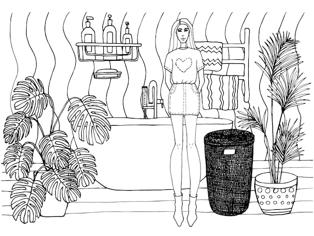 Mujer rubia alta de pie en un acogedor baño retro con planta de monstera Fantástico libro para colorear para niños y adultos Página para colorear antiestrés