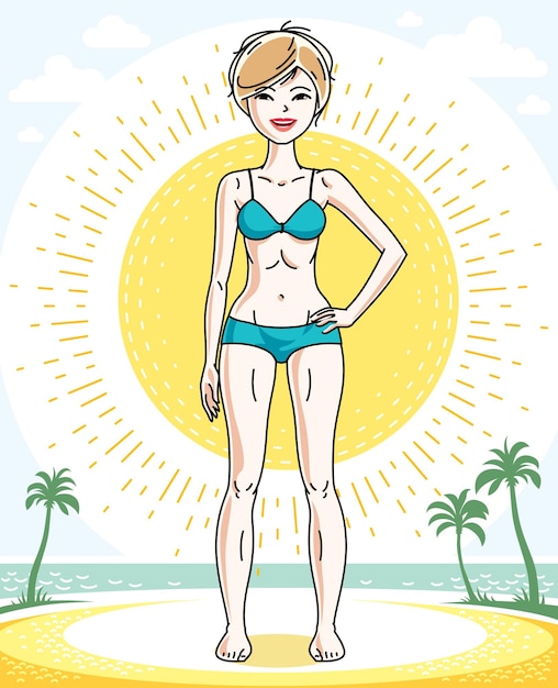 Mujer rubia bastante joven feliz de pie en la playa tropical con palmeras y vistiendo traje de baño. Carácter vectorial.