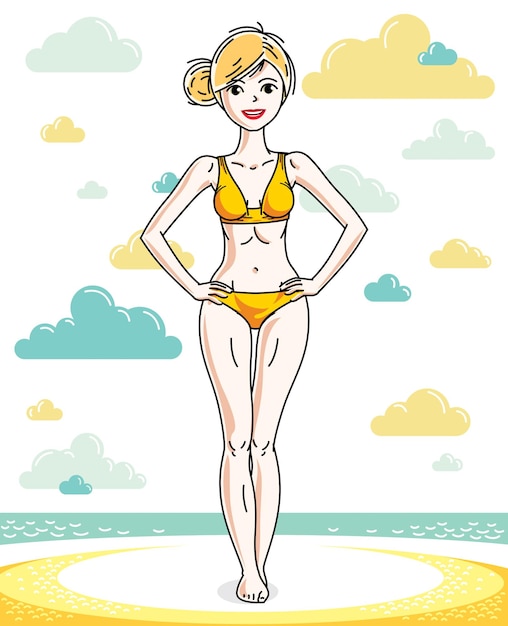 Vector mujer rubia bastante joven feliz de pie en la playa tropical y vistiendo traje de baño. carácter vectorial. tema de vacaciones de verano.