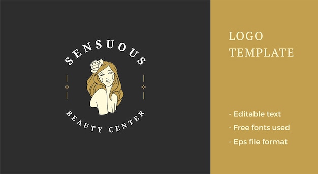 Mujer rubia de belleza con cabello largo de flor de rosa con hombros desnudos vector de logotipo de moda de lujo