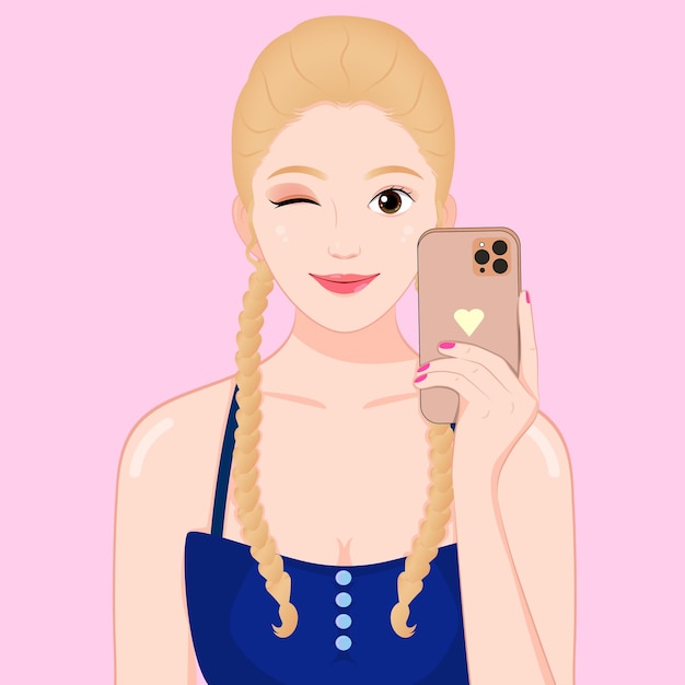 Mujer rubia bonita joven que usa la cámara del teléfono inteligente móvil tomando el concepto de maquillaje para el cuidado de la piel selfie