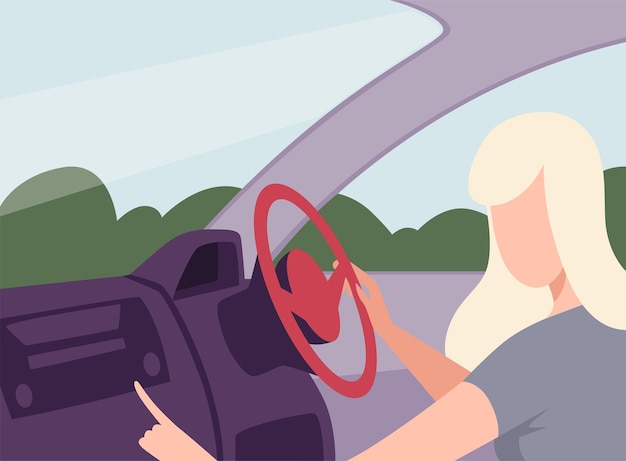 Vector mujer rubia conduciendo un coche vista desde adentro personaje del conductor de la niña sosteniendo las manos en un volante ilustración vectorial