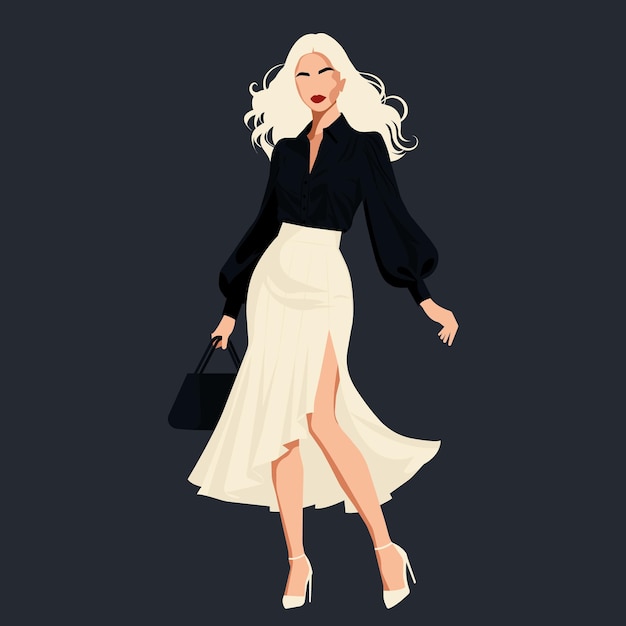 mujer rubia con una elegante blusa negra y falda blanca con una cintura alta y una fenda en la pierna