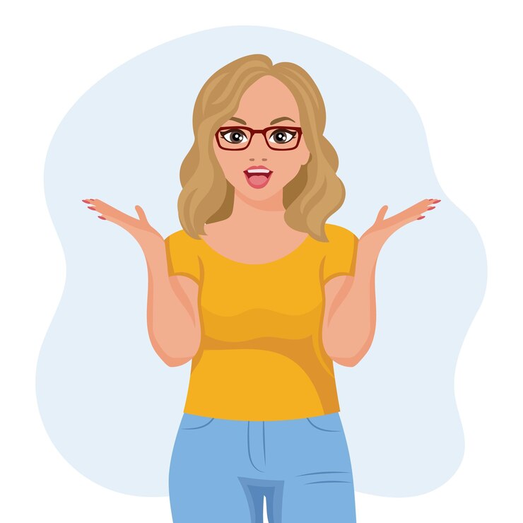 Vector una mujer rubia con gafas con una expresión de sorpresa levantó las manos. emociones y gestos.