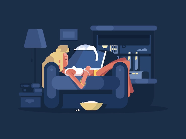 Vector mujer rubia joven que se relaja con la computadora portátil en una silla cómoda. ilustración vectorial