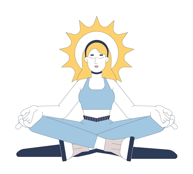 Mujer rubia meditando en postura de loto con halo solar personaje de dibujos animados en 2D