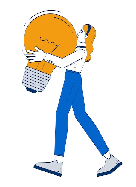 Mujer rubia profesional que lleva una bombilla gigante personaje doodle 2D