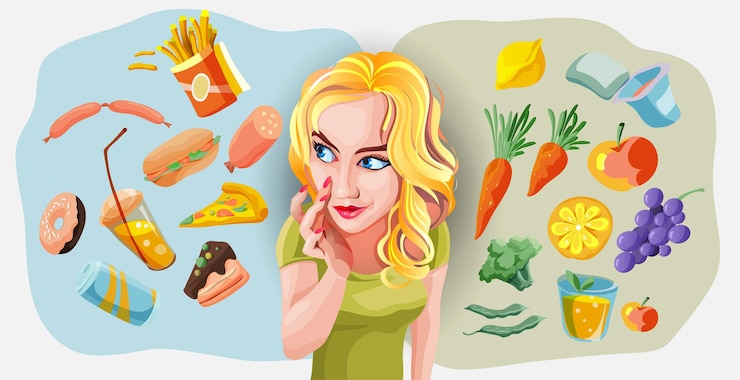 Vector mujer rubia que elige entre la ilustración de vector de concepto de alimentos saludables y no saludables. comida rápida vs comparación de menú equilibrado clipart aislado. personaje de dibujos animados femenino haciendo dieta y alimentación saludable.