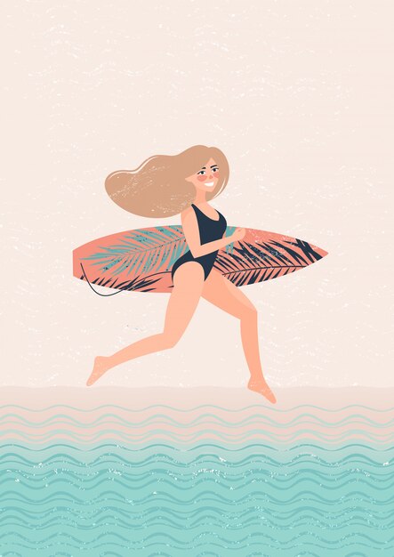 Mujer rubia con un surf corre ilustración