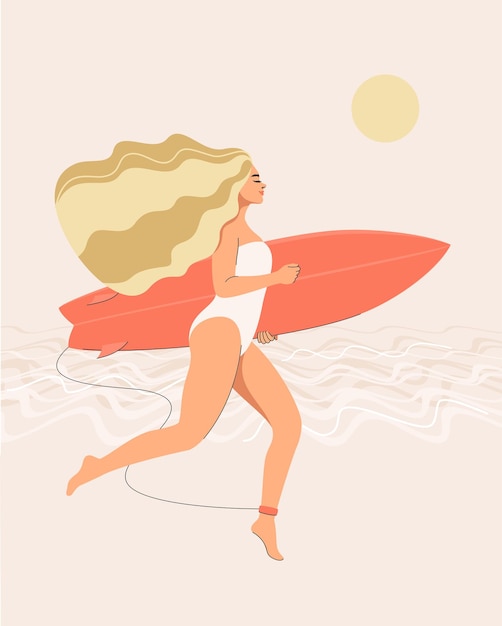 Vector una mujer rubia en traje de baño corre con un surf en sus manos en la playa