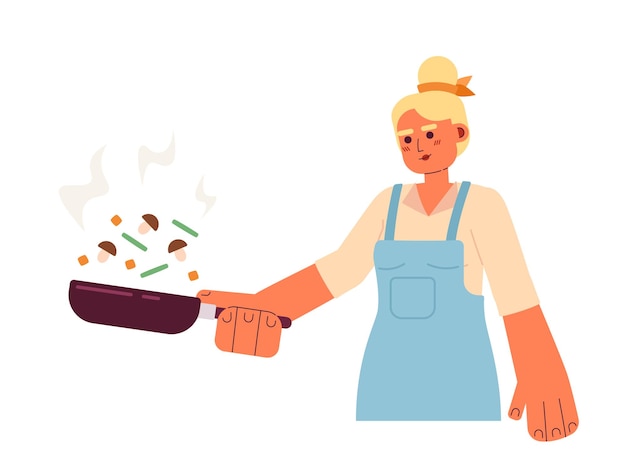 Mujer rubia volteando verduras personaje de vector colorido semi plano chef de medio cuerpo editable friendo comida en una sartén de acero en blanco ilustración de punto de caricatura simple para diseño gráfico web