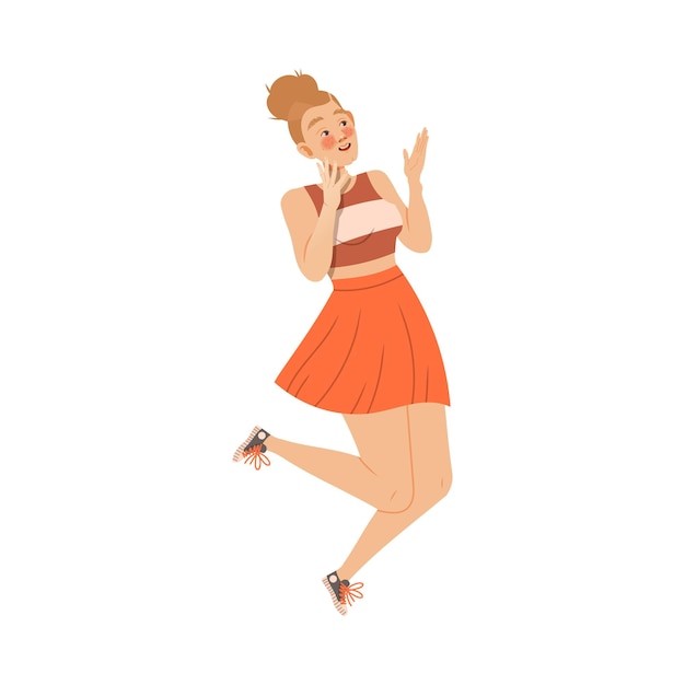 Mujer ruborizada emocionada saltando de alegría y jadeando de emoción aplaudiendo por algo Ilustración vectorial